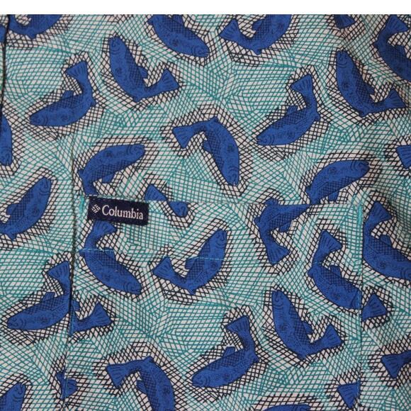 Columbia Mens  Large Fish Print Button Down Shirt Turquoise and Blue 100% Cotton - Picture 2 of 8